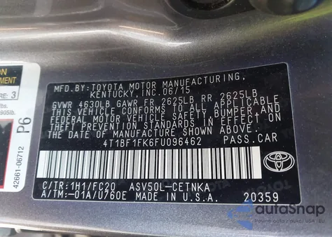 2015 Toyota Camry Le из США, поврежденный, VIN 4T1BF1FK6FU096462